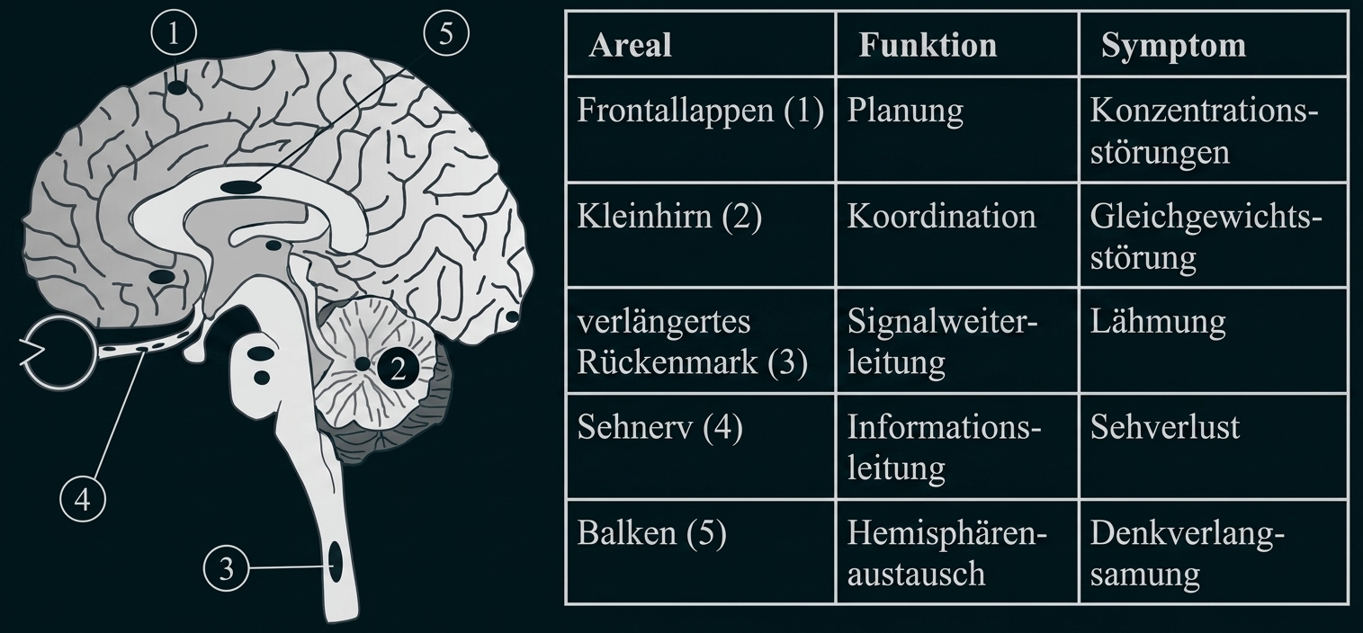 Seitliche Gehirnzeichnung mit nummerierten Bereichen und Tabelle zu Funktionen und Symptomen (Frontal-, Kleinhirn, Rückenmark, Sehnerv, Balken)